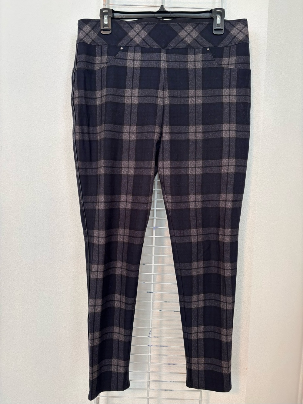 Investments Womens Slim Factor Leggings Blue & Gray Plaid Ankle Slimming Sz L
